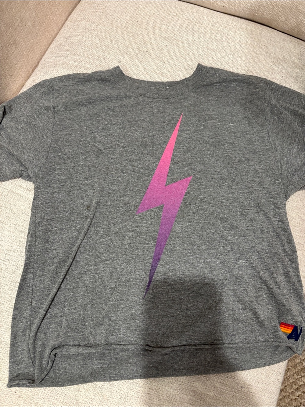 Aviator Nation Kids Heather Gray Tee with Pink-to-Purple Lightning Bolt